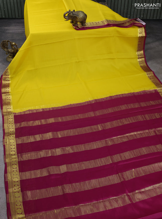 Pure mysore silk saree yellow and pink with plain body and zari woven border
