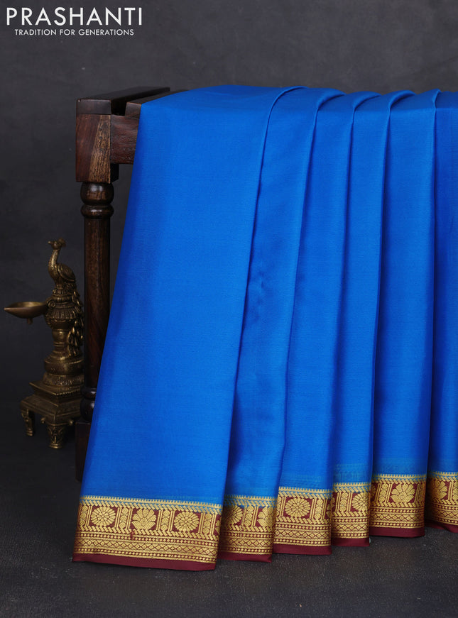 Pure mysore silk saree cs blue and maroon with plain body and zari woven border