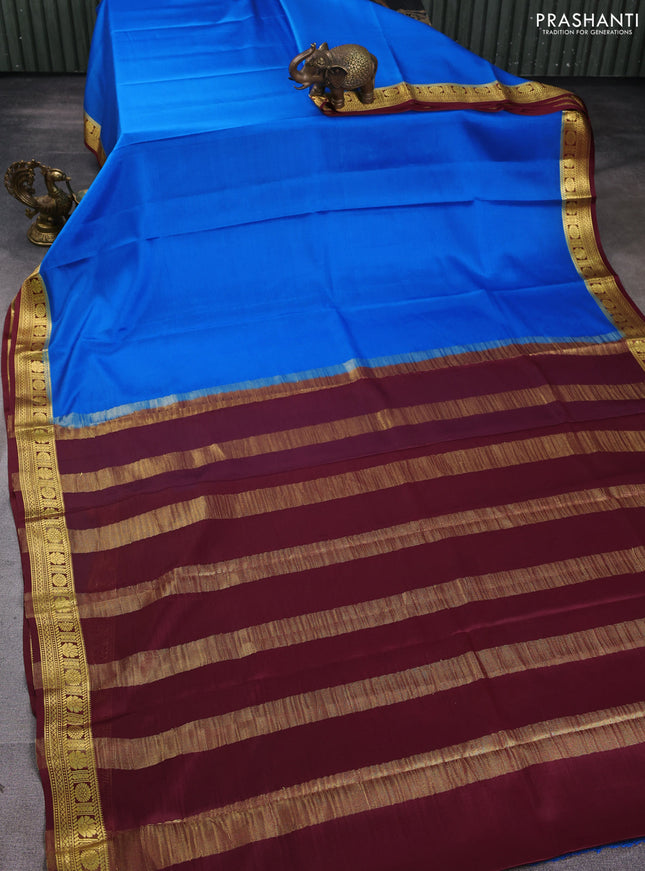 Pure mysore silk saree cs blue and maroon with plain body and zari woven border