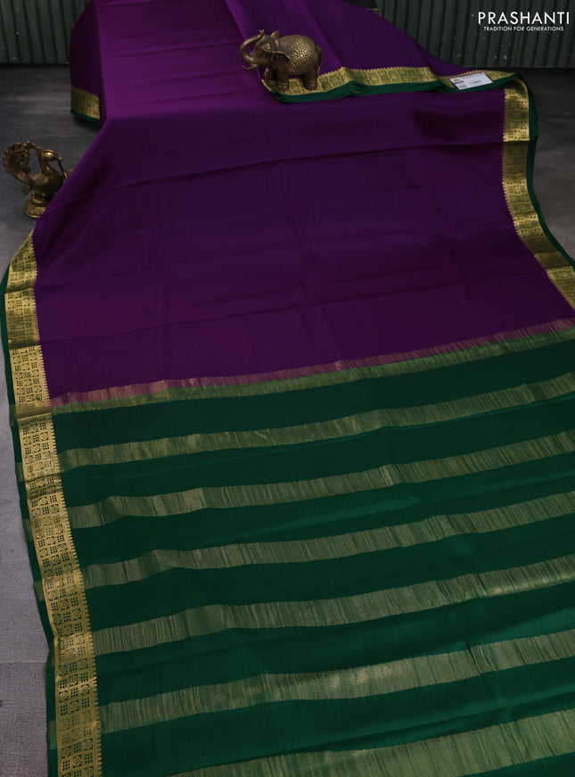 Pure mysore silk saree purple and green with plain body and zari woven border