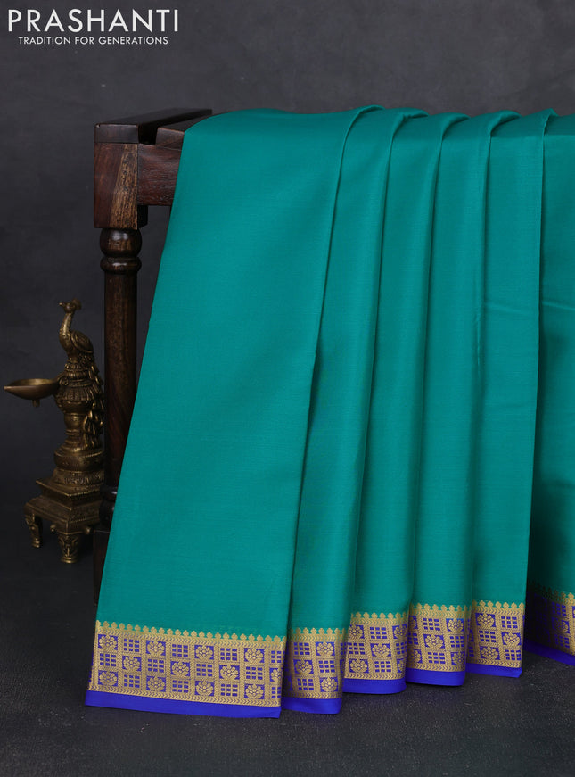 Pure mysore silk saree teal green and royal blue with plain body and zari woven border