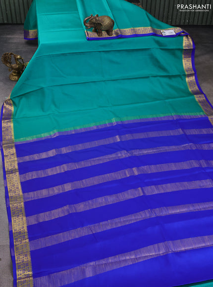Pure mysore silk saree teal green and royal blue with plain body and zari woven border