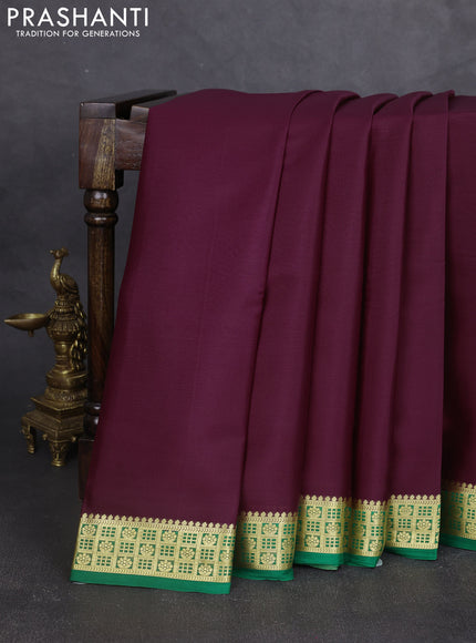 Pure mysore silk saree wine shade and green with plain body and zari woven border