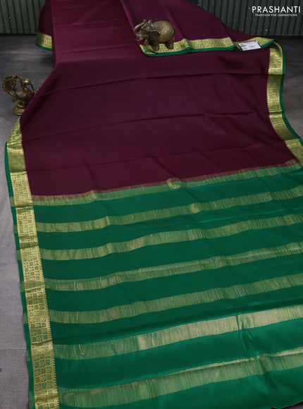 Pure mysore silk saree wine shade and green with plain body and zari woven border