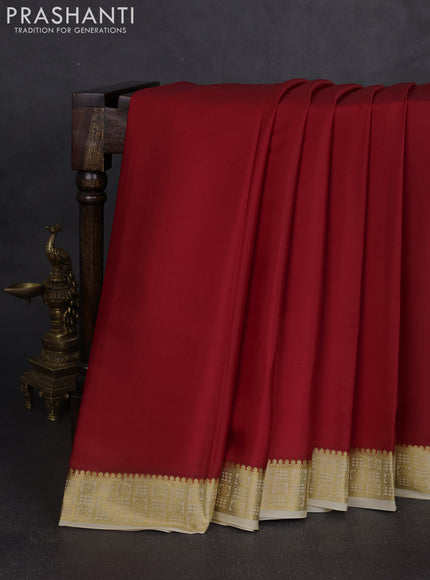 Pure mysore silk saree red and cream with plain body and zari woven border