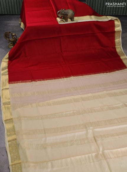 Pure mysore silk saree red and cream with plain body and zari woven border