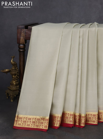 Pure mysore silk saree pastel green shade and red with plain body and zari woven border