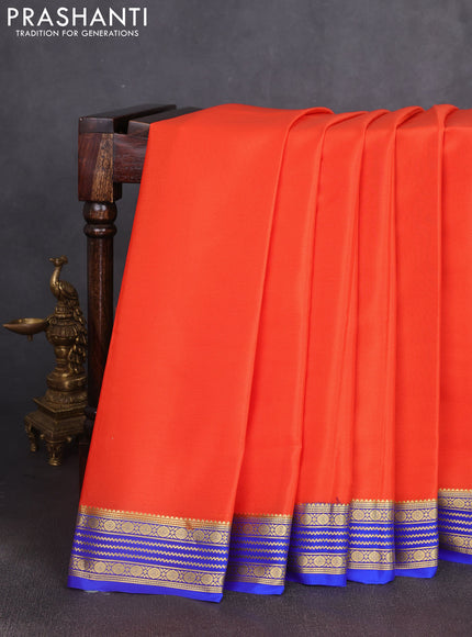 Pure mysore silk saree orange and royal blue with plain body and zari woven border