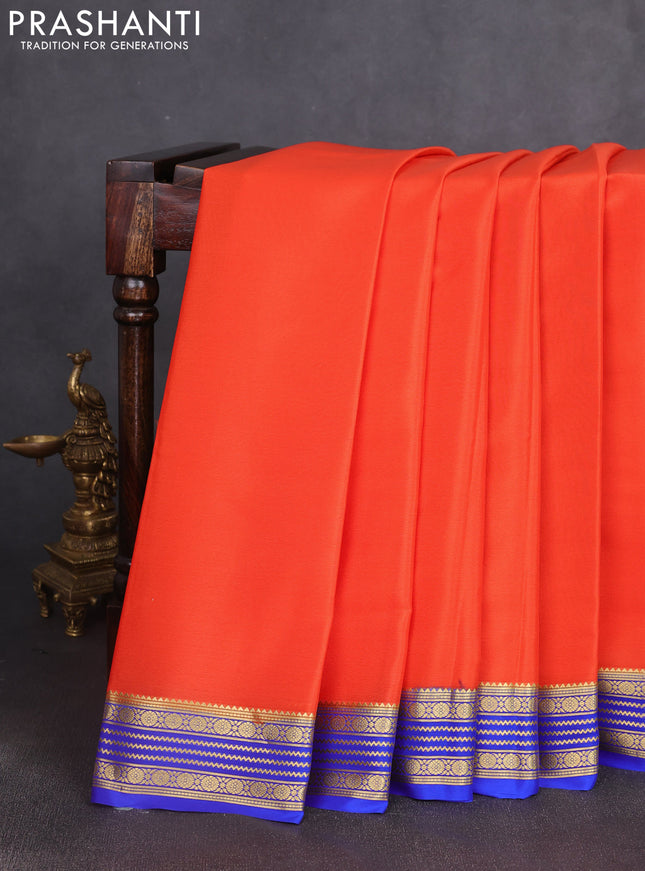 Pure mysore silk saree orange and royal blue with plain body and zari woven border