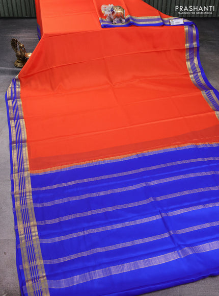 Pure mysore silk saree orange and royal blue with plain body and zari woven border
