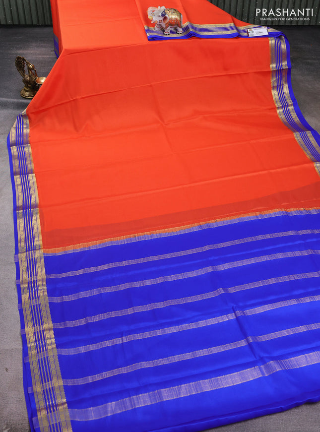 Pure mysore silk saree orange and royal blue with plain body and zari woven border