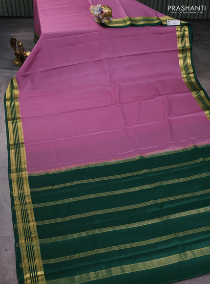 Pure mysore silk saree mauve pink and green with plain body and zari woven border