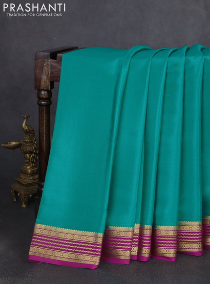 Pure mysore silk saree teal bluw and pink with plain body and zari woven border