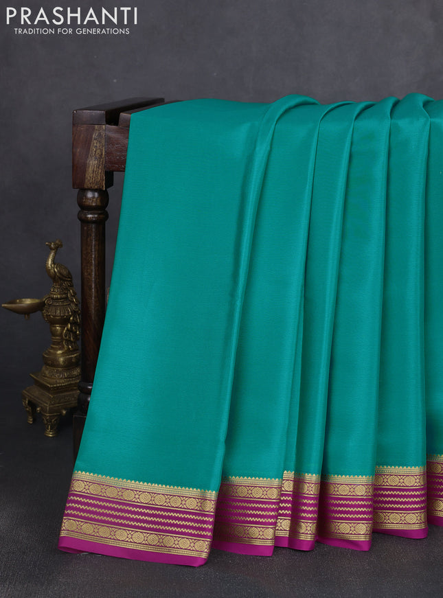 Pure mysore silk saree teal bluw and pink with plain body and zari woven border