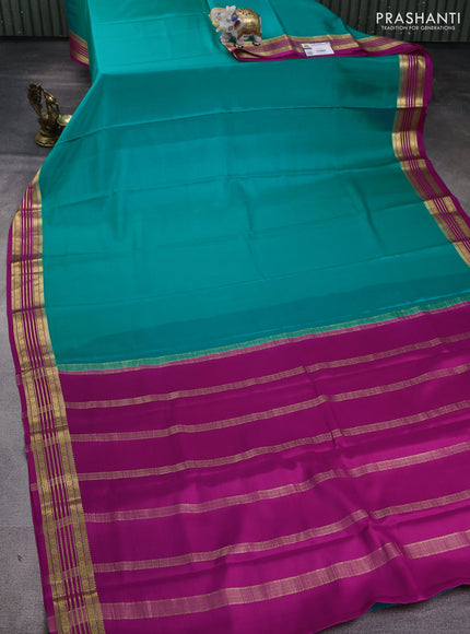 Pure mysore silk saree teal bluw and pink with plain body and zari woven border