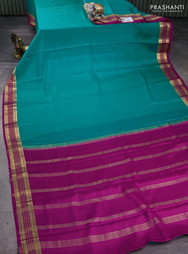 Pure mysore silk saree teal bluw and pink with plain body and zari woven border