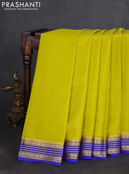 Pure mysore silk saree lime yellow and royal blue with plain body and zari woven border