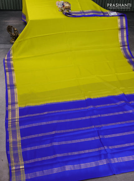 Pure mysore silk saree lime yellow and royal blue with plain body and zari woven border