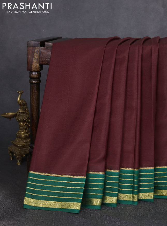 Pure mysore silk saree coffee brown and green with plain body and zari woven border