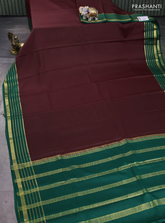 Pure mysore silk saree coffee brown and green with plain body and zari woven border