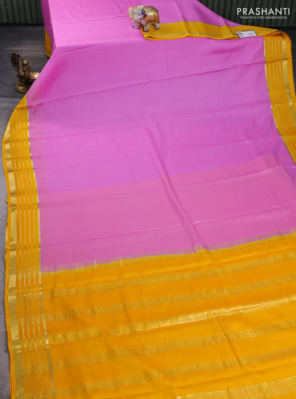 Pure mysore silk saree light pink and mango yellow with plain body and zari woven border