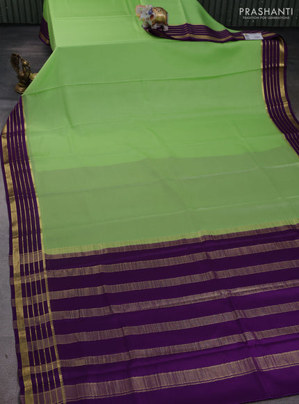 Pure mysore silk saree pista green and purple with plain body and zari woven border