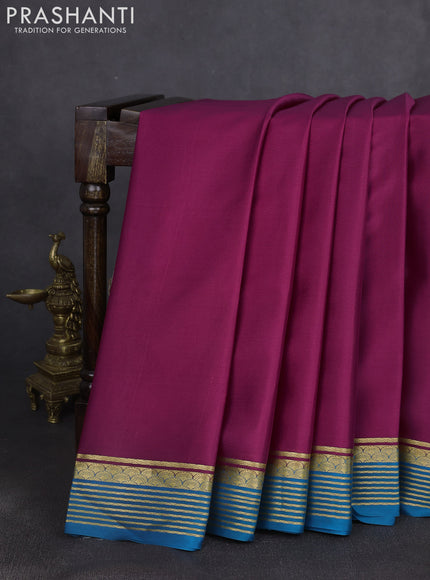 Pure mysore silk saree dark pink and cs blue with plain body and zari woven border
