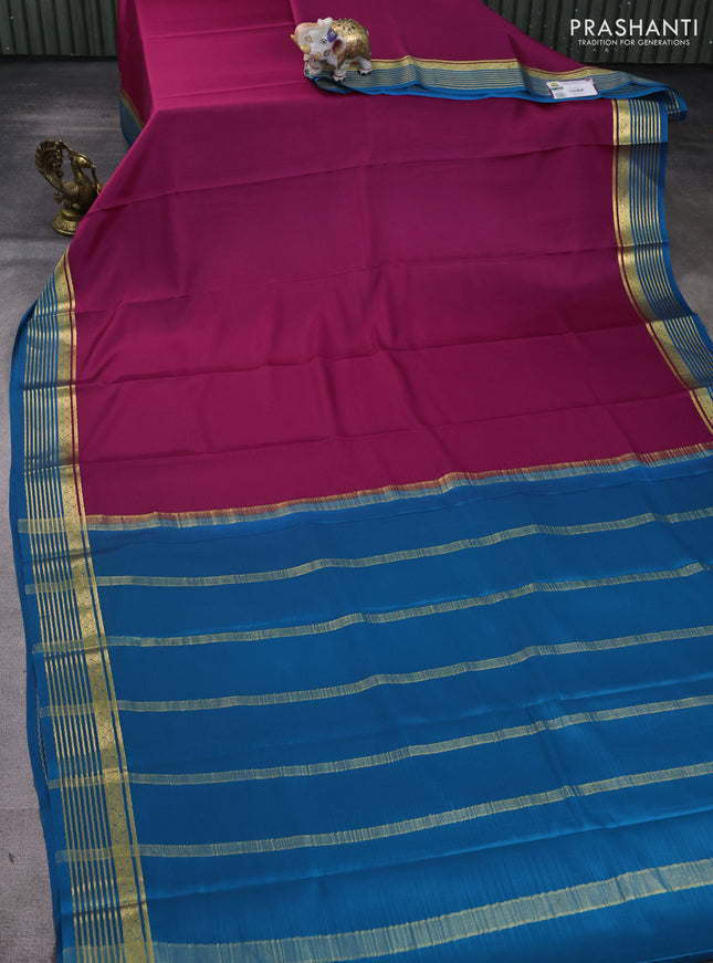 Pure mysore silk saree dark pink and cs blue with plain body and zari woven border