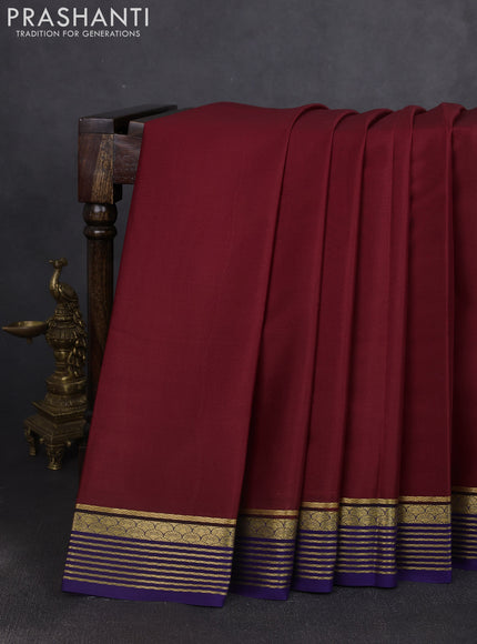 Pure mysore silk saree maroon and dark blue with plain body and zari woven border
