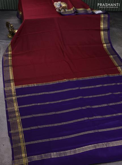 Pure mysore silk saree maroon and dark blue with plain body and zari woven border