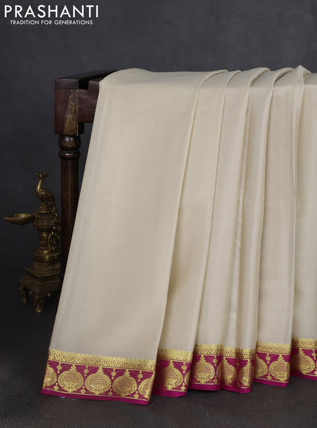 Pure mysore silk saree cream and pink with plain body and zari woven border