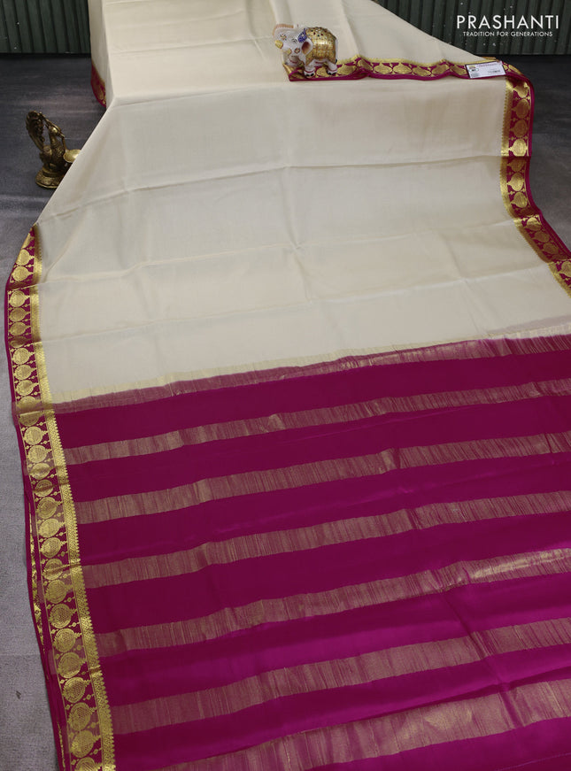 Pure mysore silk saree cream and pink with plain body and zari woven border