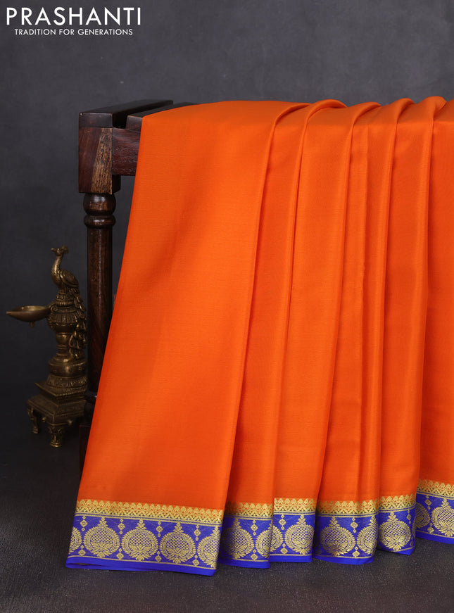 Pure mysore silk saree orange and blue with plain body and zari woven border