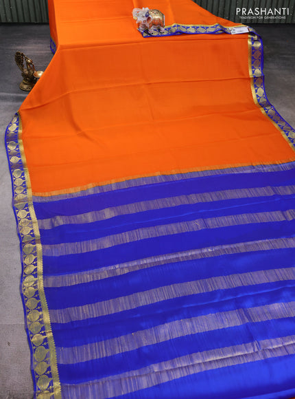 Pure mysore silk saree orange and blue with plain body and zari woven border