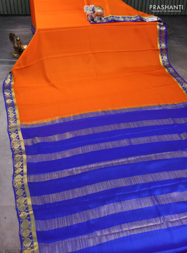 Pure mysore silk saree orange and blue with plain body and zari woven border