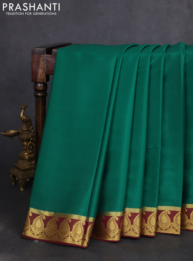 Pure mysore silk saree dark green and deep maroon with plain body and paisley zari woven border