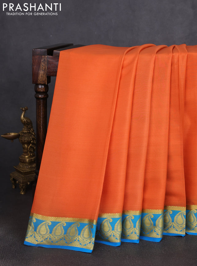 Pure mysore silk saree orange and cs blue with plain body and paisley zari woven border