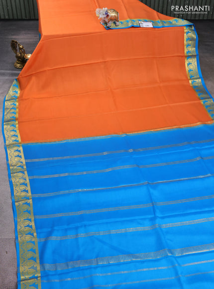 Pure mysore silk saree orange and cs blue with plain body and paisley zari woven border