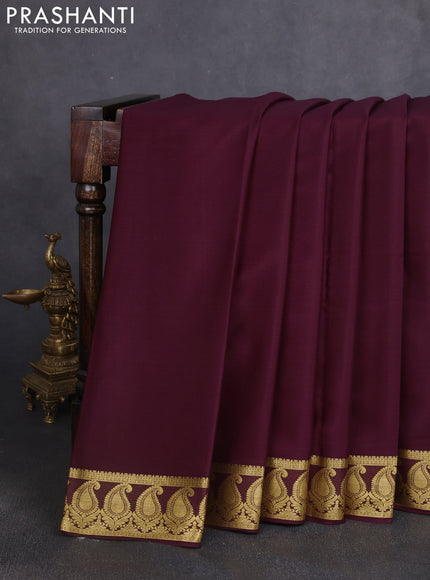 Pure mysore silk saree wine shade with plain body and paisley zari woven border