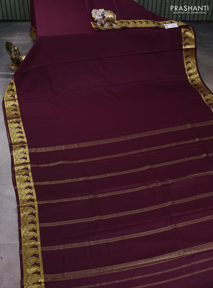 Pure mysore silk saree wine shade with plain body and paisley zari woven border