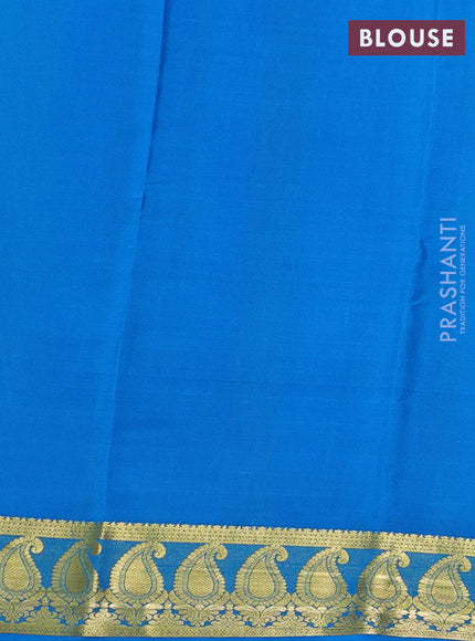 Pure mysore silk saree parrot green and cs blue with plain body and paisley zari woven border