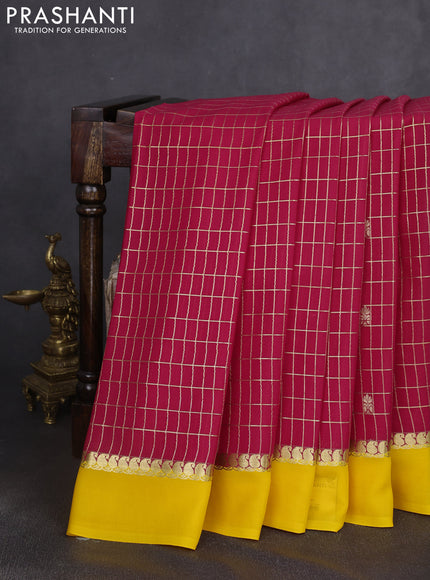 Pure mysore silk saree pink and yellow with allover zari checks & buttas and zari woven simple border