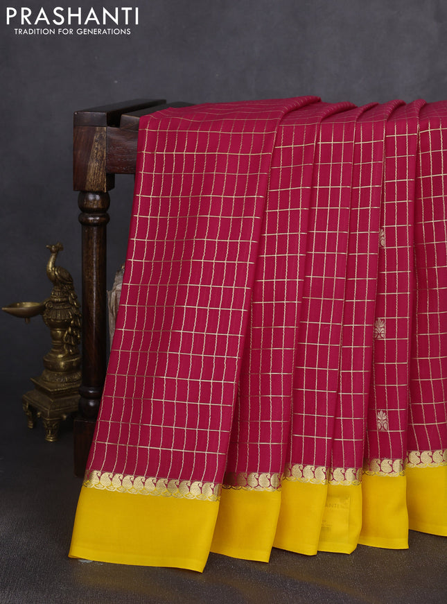 Pure mysore silk saree pink and yellow with allover zari checks & buttas and zari woven simple border