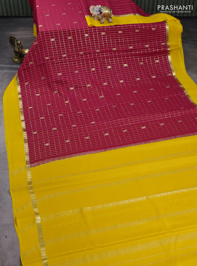 Pure mysore silk saree pink and yellow with allover zari checks & buttas and zari woven simple border