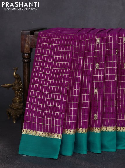 Pure mysore silk saree purple and teal green with allover zari checks & buttas and zari woven simple border