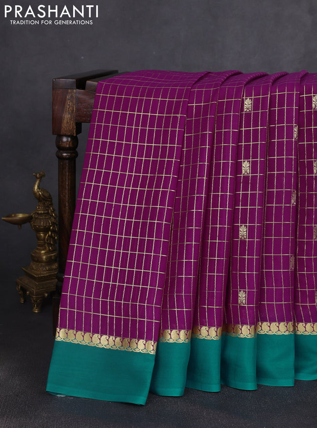Pure mysore silk saree purple and teal green with allover zari checks & buttas and zari woven simple border