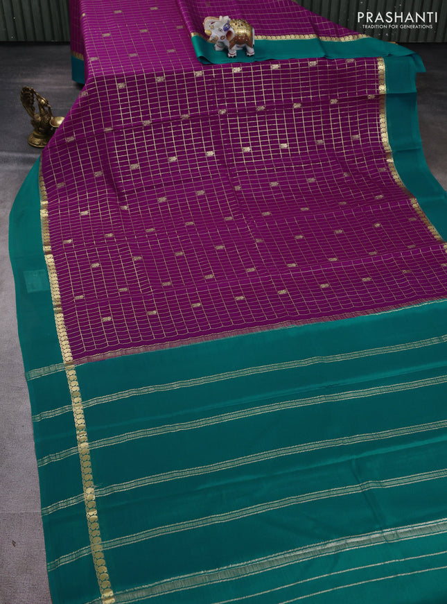 Pure mysore silk saree purple and teal green with allover zari checks & buttas and zari woven simple border
