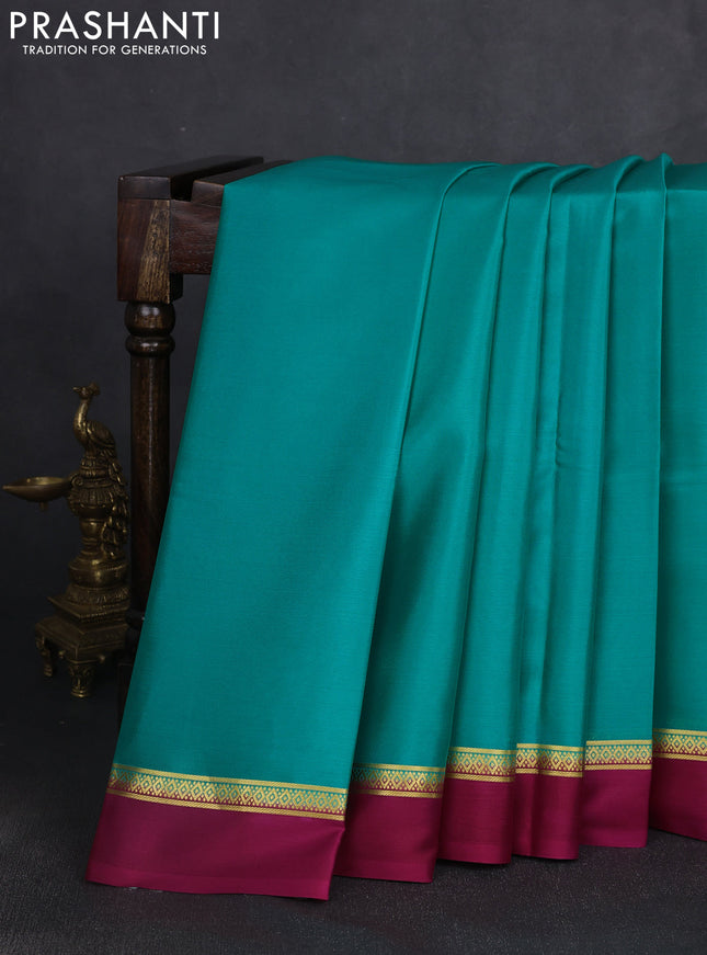 Pure mysore silk saree teal green shade and pink with plain body and zari woven simple border