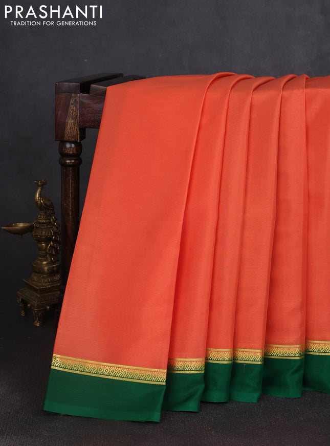 Pure mysore silk saree peach orange and green with plain body and zari woven simple border