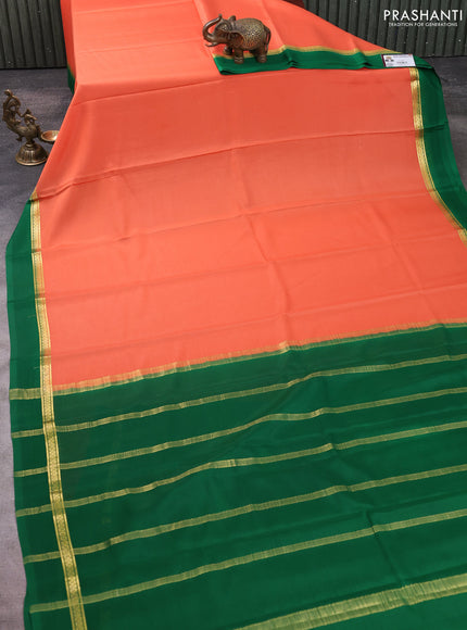 Pure mysore silk saree peach orange and green with plain body and zari woven simple border